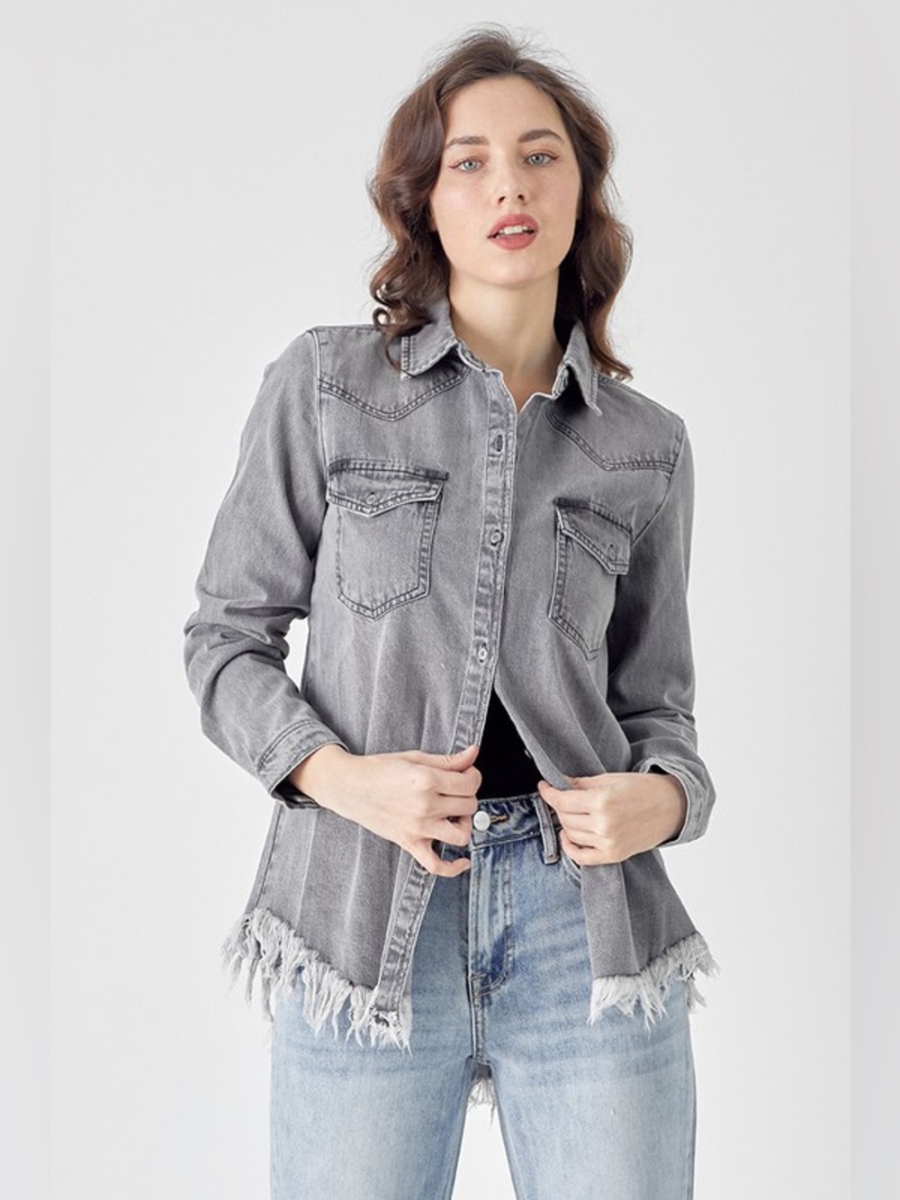 0073. NEW Women's Washed Gray Button-Down Denim Shirt with Frayed Hem - Picture 1 of 2